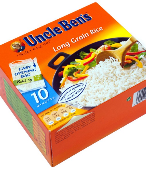 Boxed Eight 62.8g bags of Uncle Bens long grain white rice