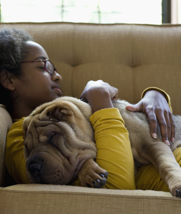 A young woman and her Shar-Pei napping on a couch
