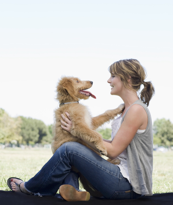 woman with mini golden doodle woman with mini golden doodle