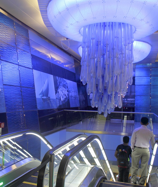 Dubai Khalid Bin Al Waleed Metro Station chandelier, escalator