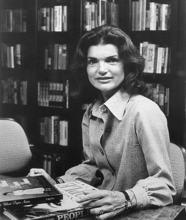 Jacqueline Kennedy Onassis Sitting at Desk With Books