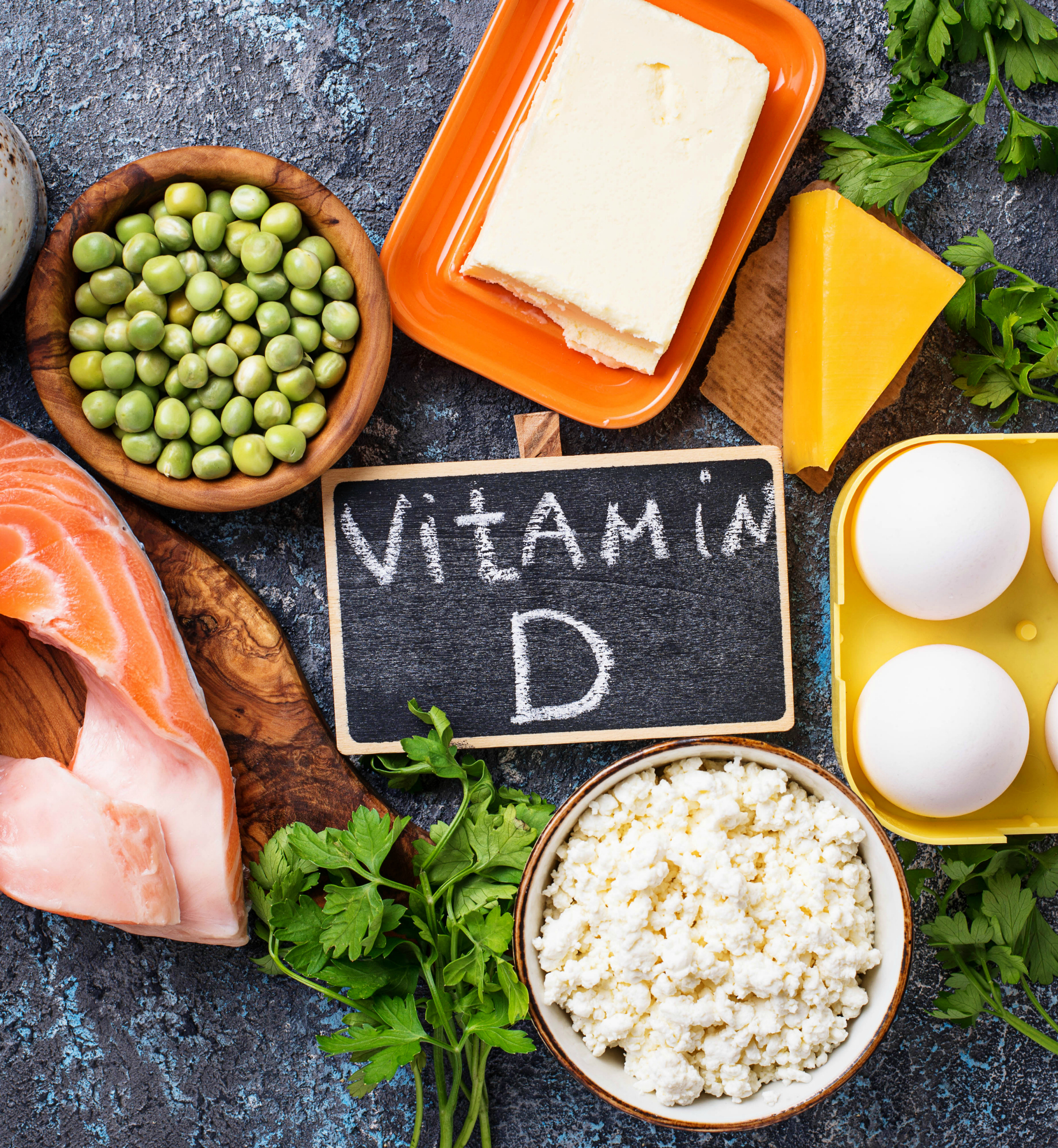 Healthy foods containing vitamin D. Top view