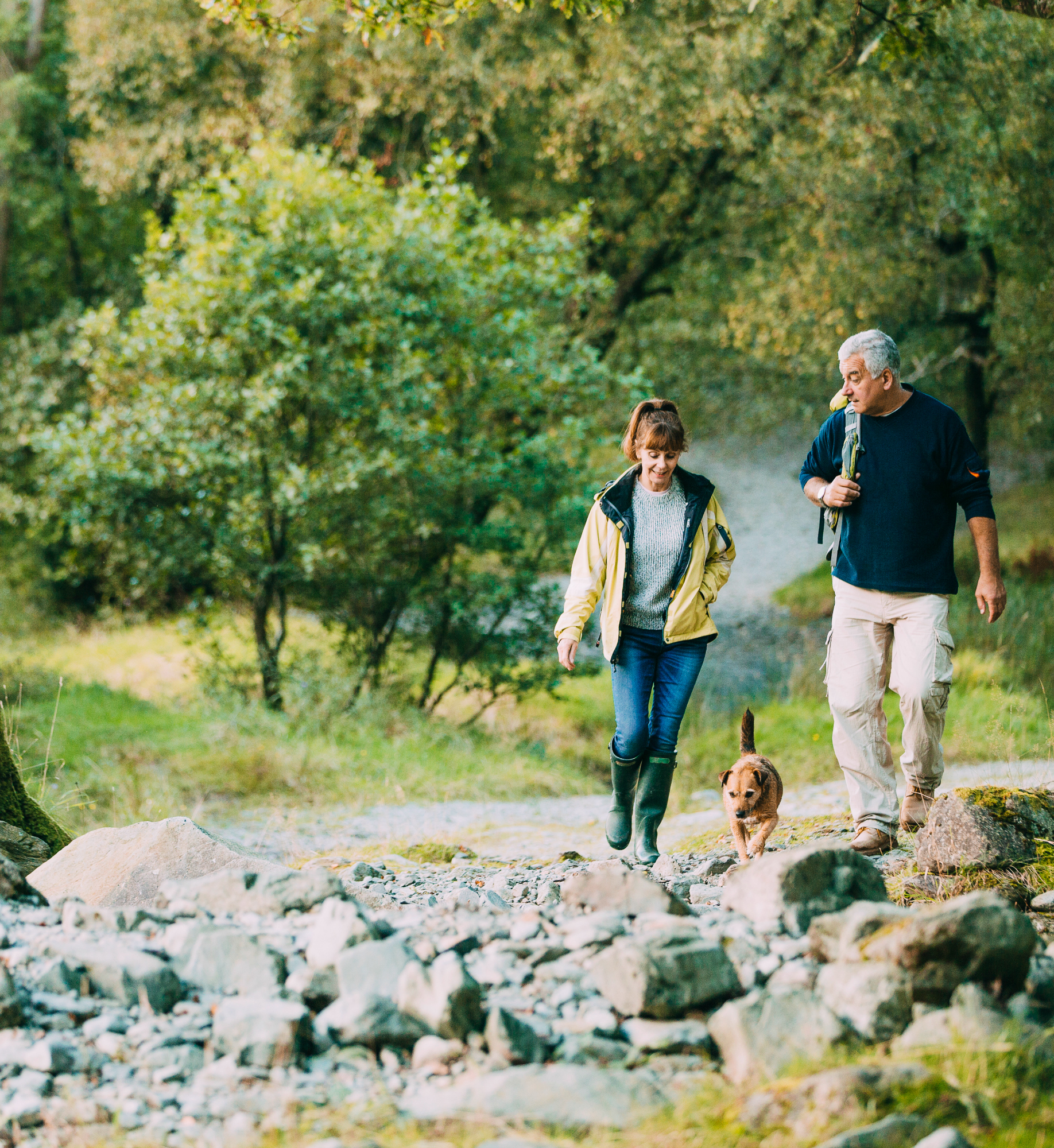 Senior couple are hiking through the Lake District together with their pet dog.