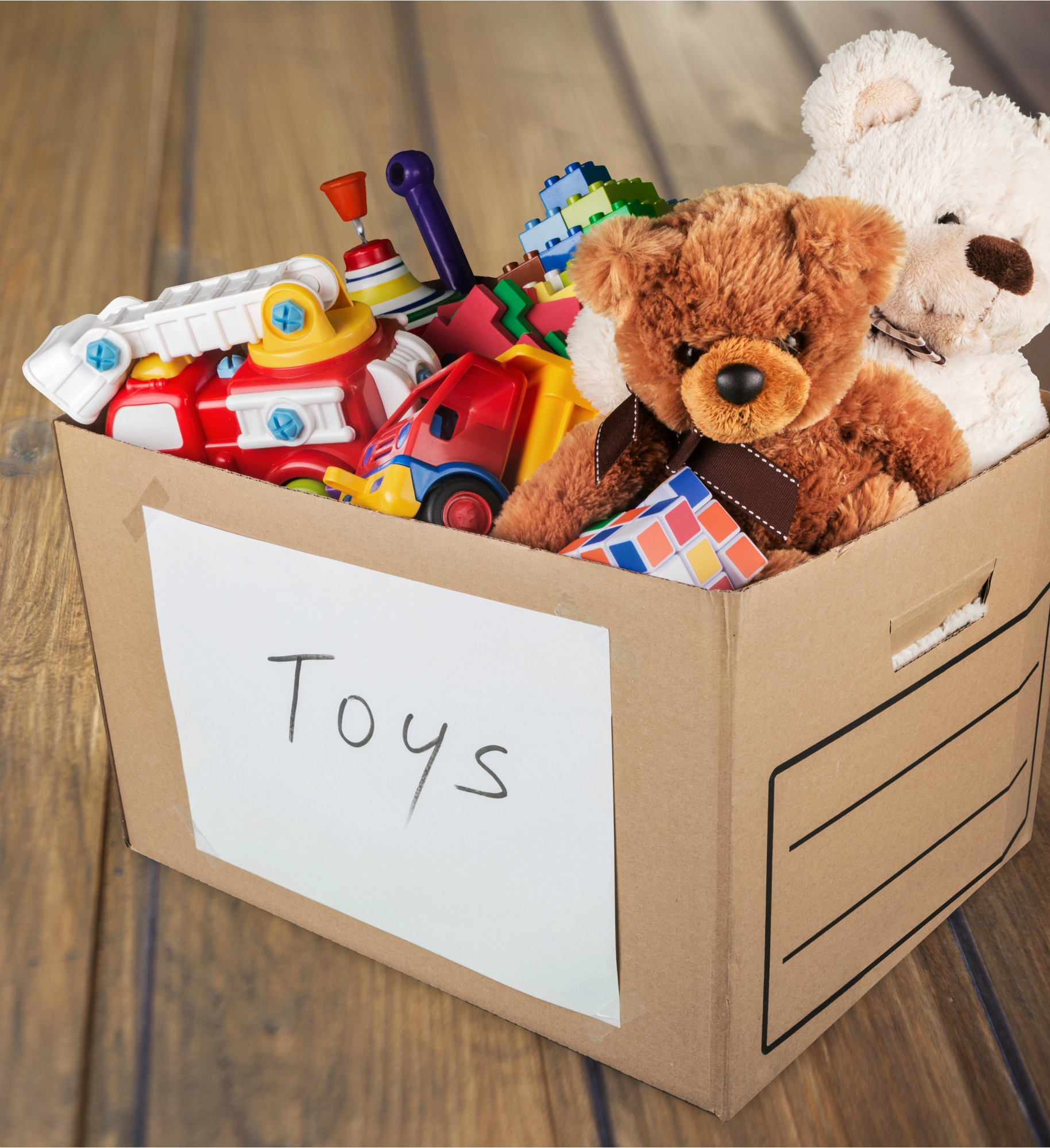 Toys collection in box isolated on white