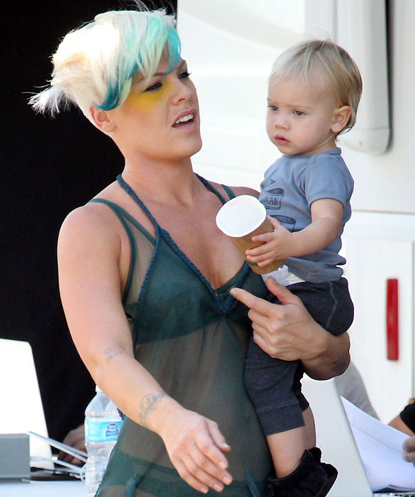 **EXCLUSIVE** Pink wears a sheer dress and goes barefoot as she carries daughter Willow Sage on the set of her new music video in Los Angeles