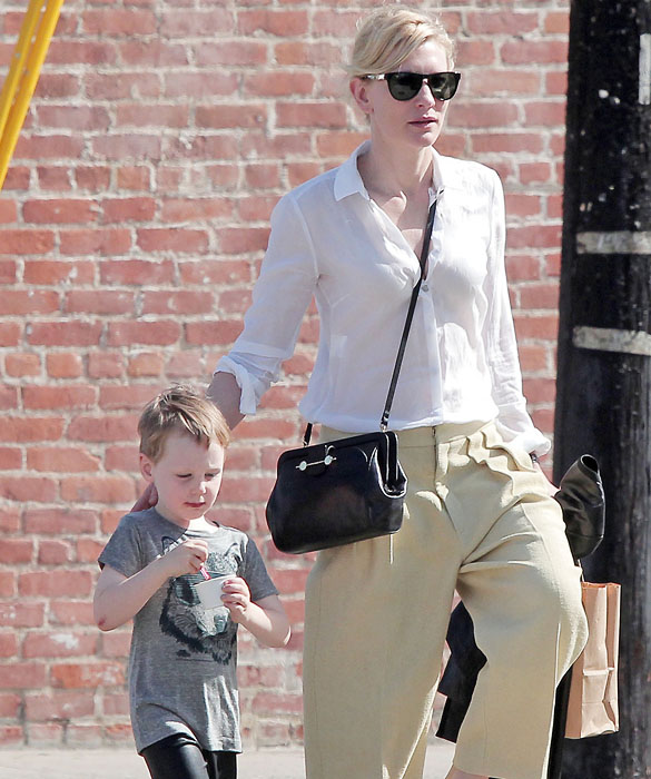 Cate Blanchett is reluctantly given a spoonful of ice cream from her youngest son, Ignatius, as the two go out and about in Los Angeles