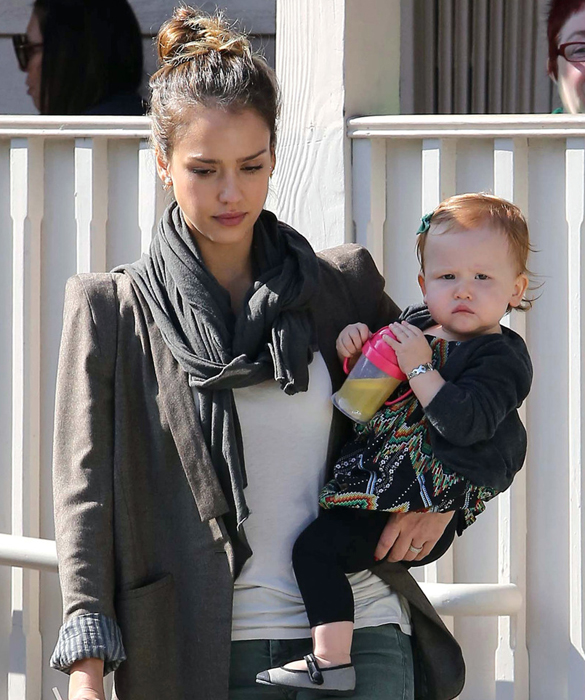 Jessica Alba, husband Cash Warren and daughters Honor Marie and Haven Garner leave Le Pain Quotidien after having lunch as a family