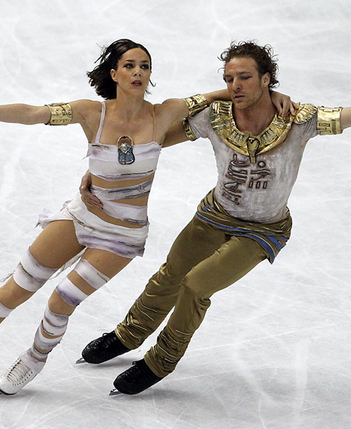 Pechalat and Bourzat of France perform during the ice dance free dance at the ISU World Figure Skating Championships in Nice