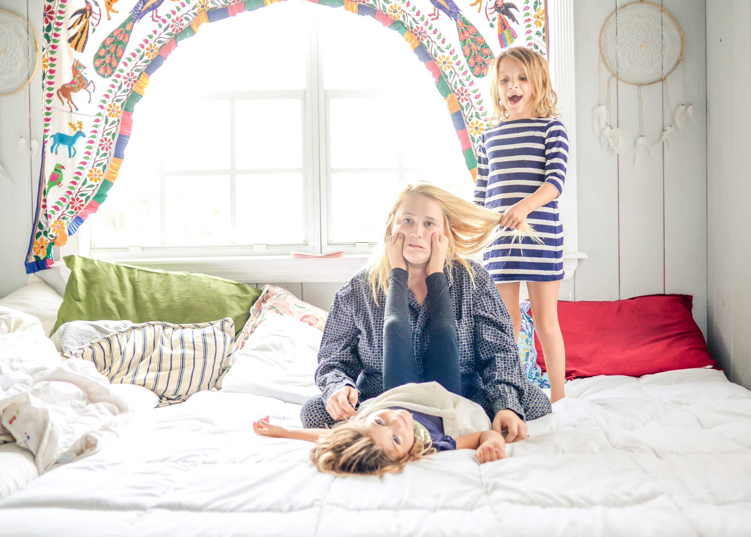Mom with two kids stressed