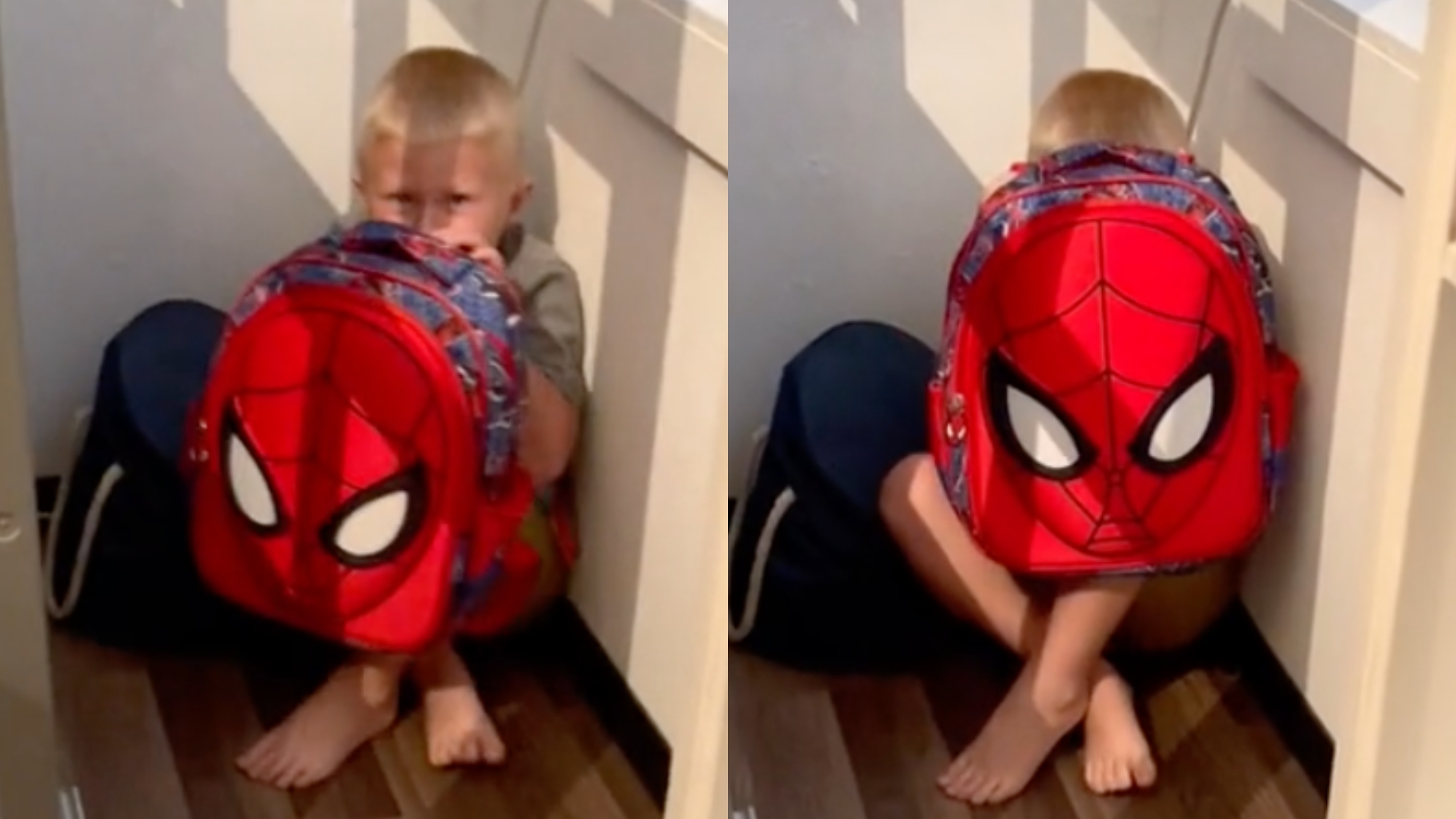 Weston Walton hides behind bulletproof backpack