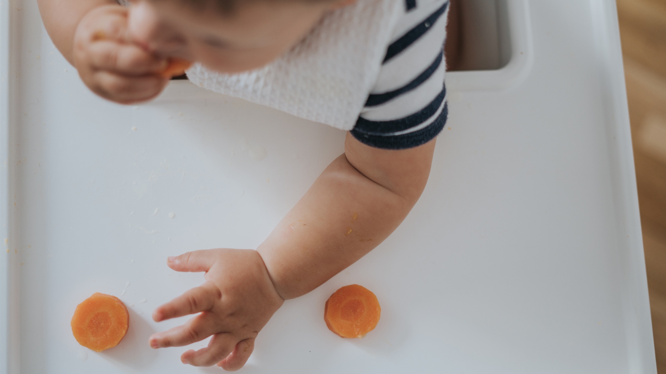 Baby eats carrots in high chair