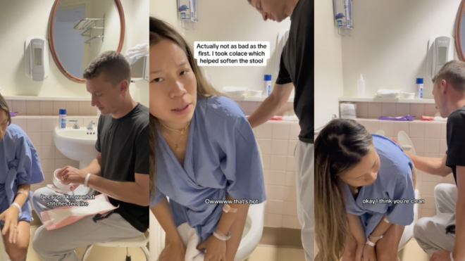A husband helping his wife in the bathroom postpartum