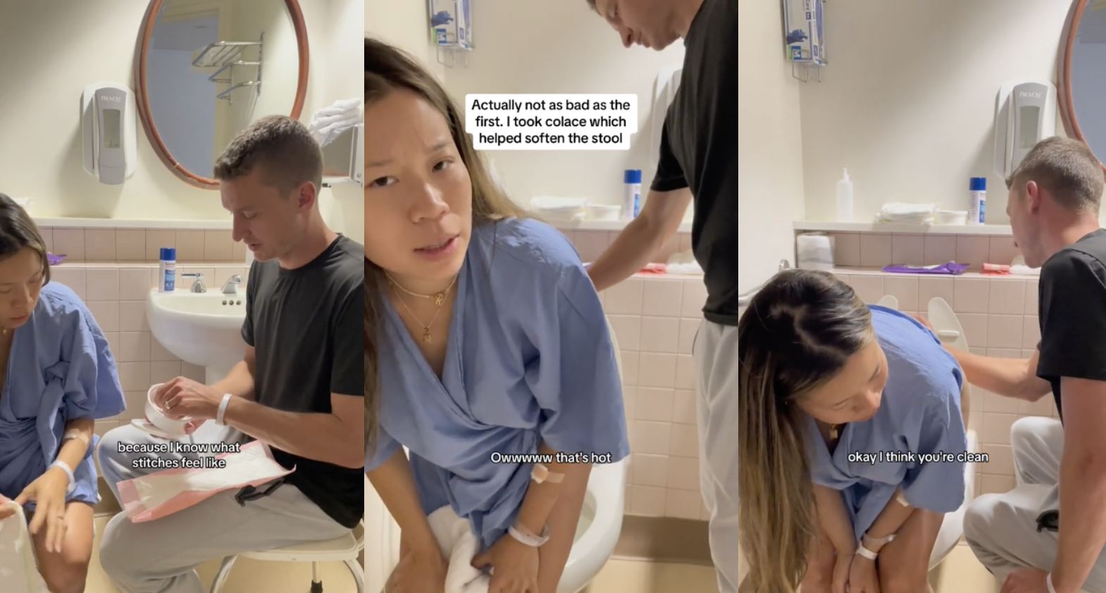 A husband helping his wife in the bathroom postpartum