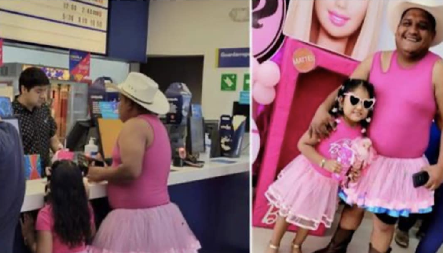 Dad wearing matching tutus with his daughter