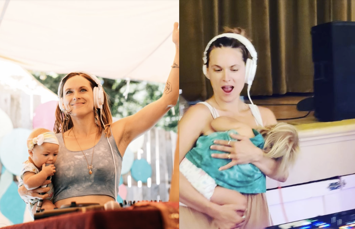 Mom breastfeeding her daughter while DJing