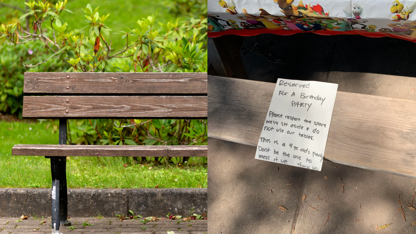 Parent left a note on a park bench reserving area