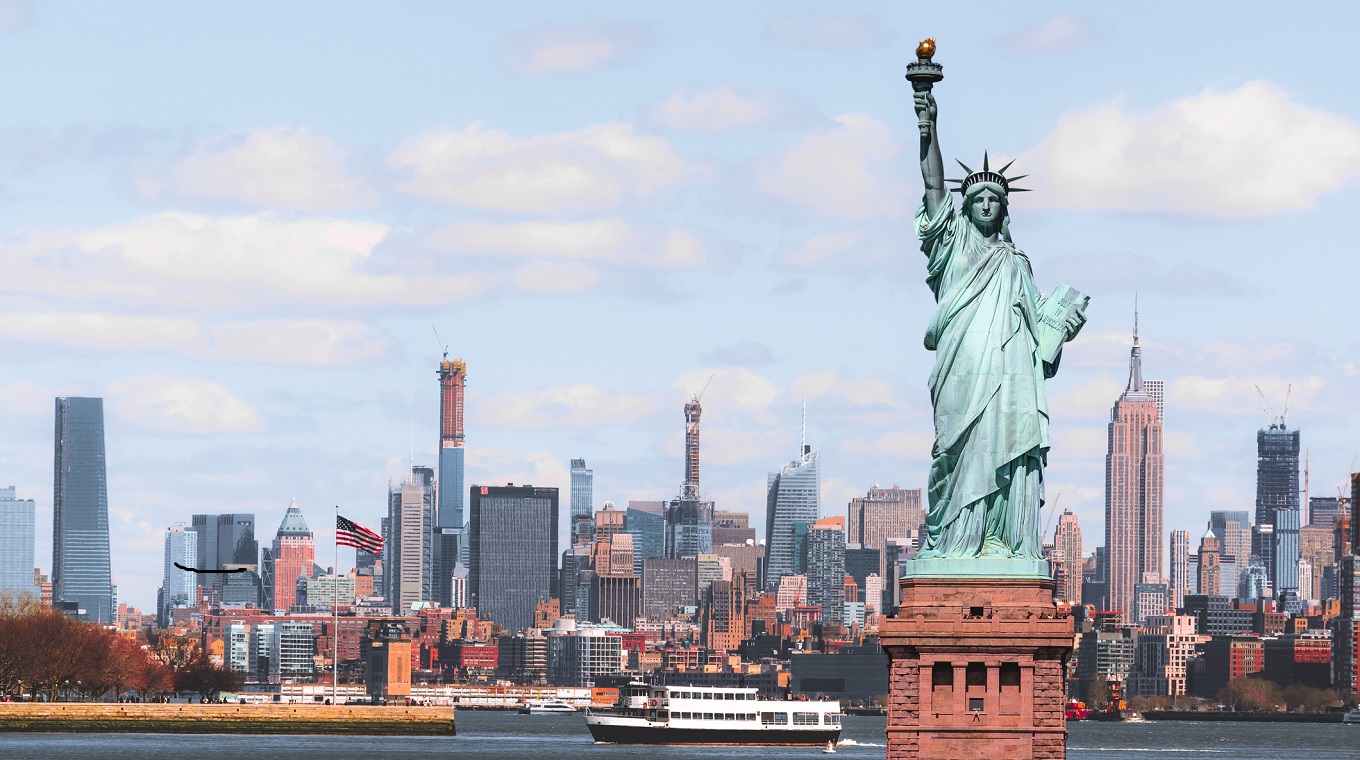 The Statue of Liberty over the Scene of New york cityscape river side which location is lower manhattan,Architecture and building with tourist concept