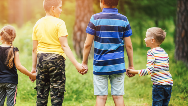 family of kids outside