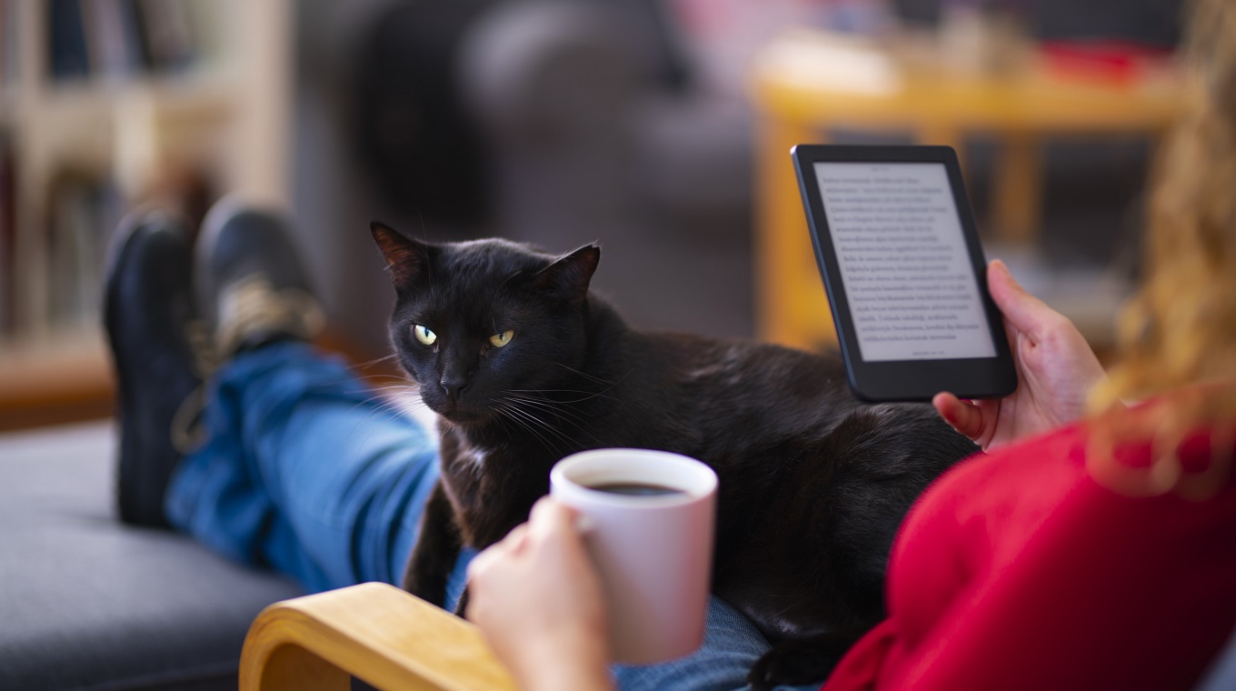 Woman using an e-reader and reading an e-book with her cat at home