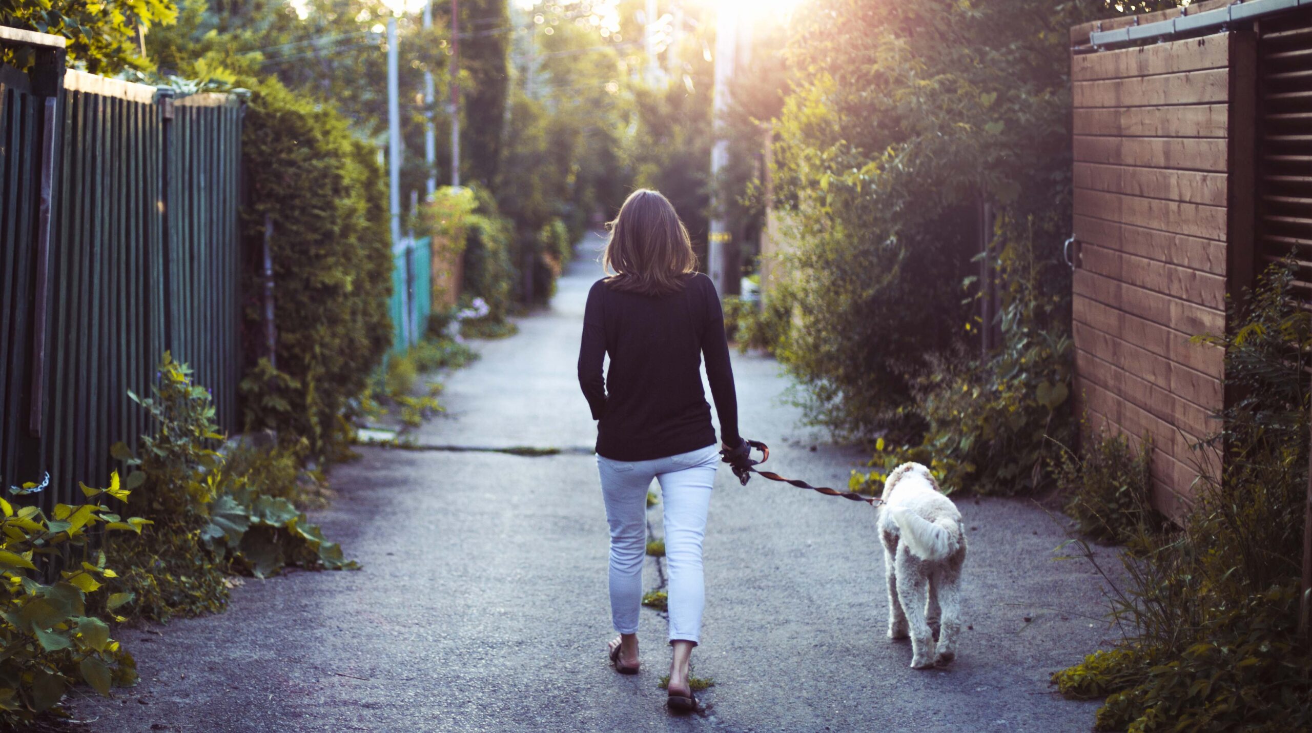 A woman walking with her dog in an alley
