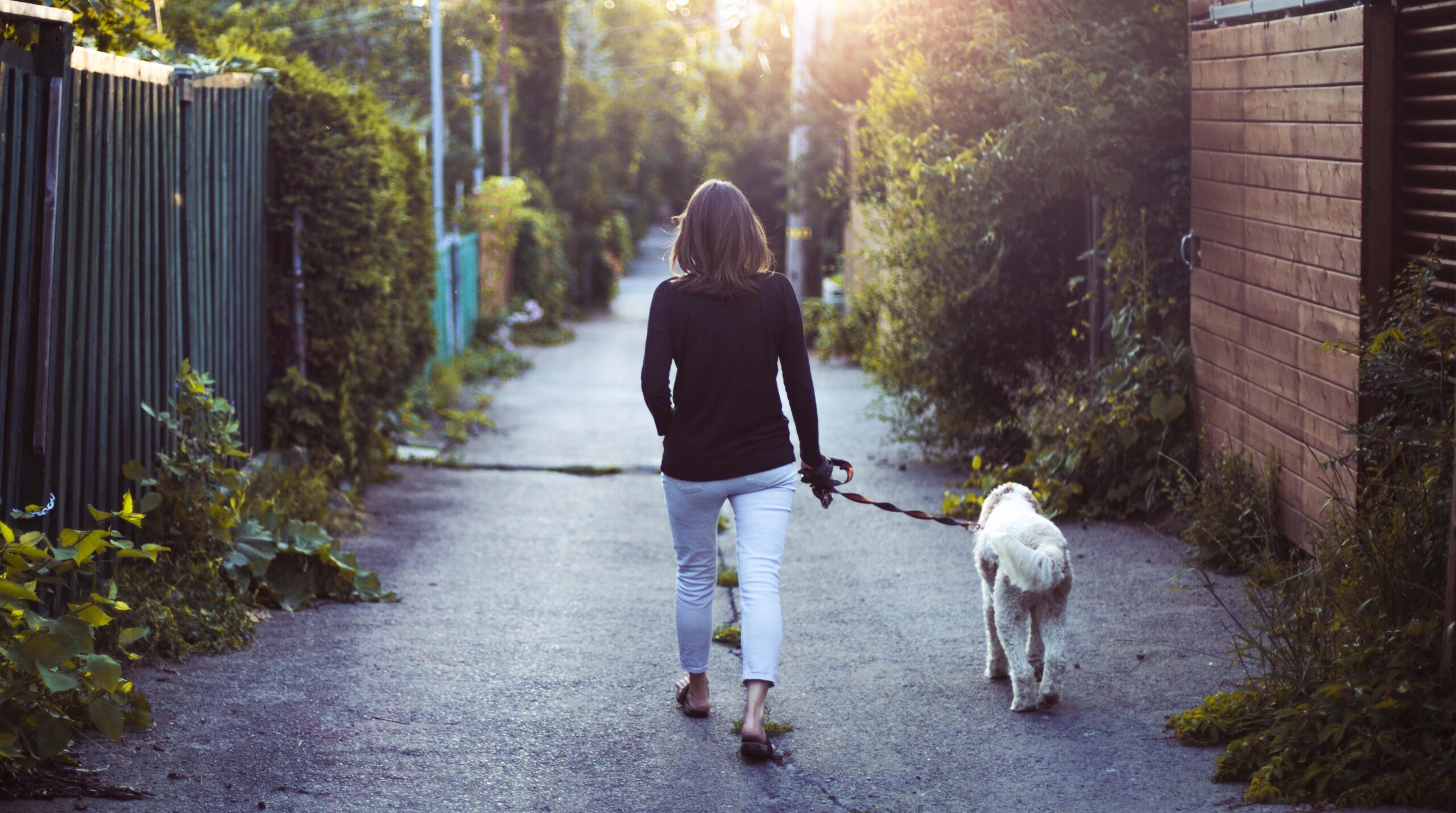 A woman walking with her dog in an alley