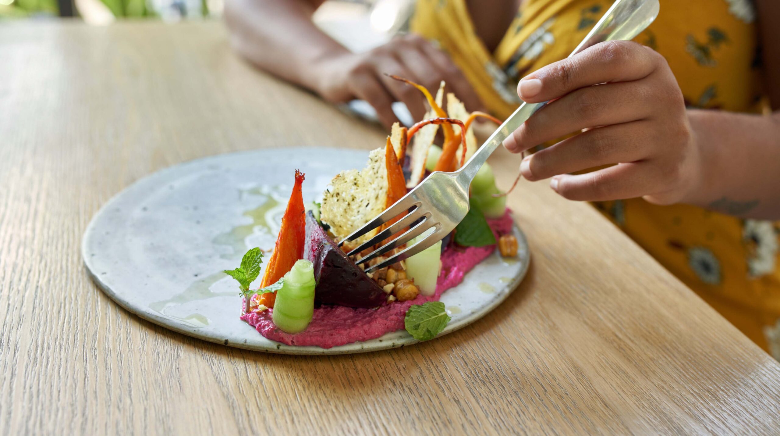 Closeup photograph of a healthy organic vegetarian dish for vegetarians or vegans including beet puree and chopped vegetables and herbs