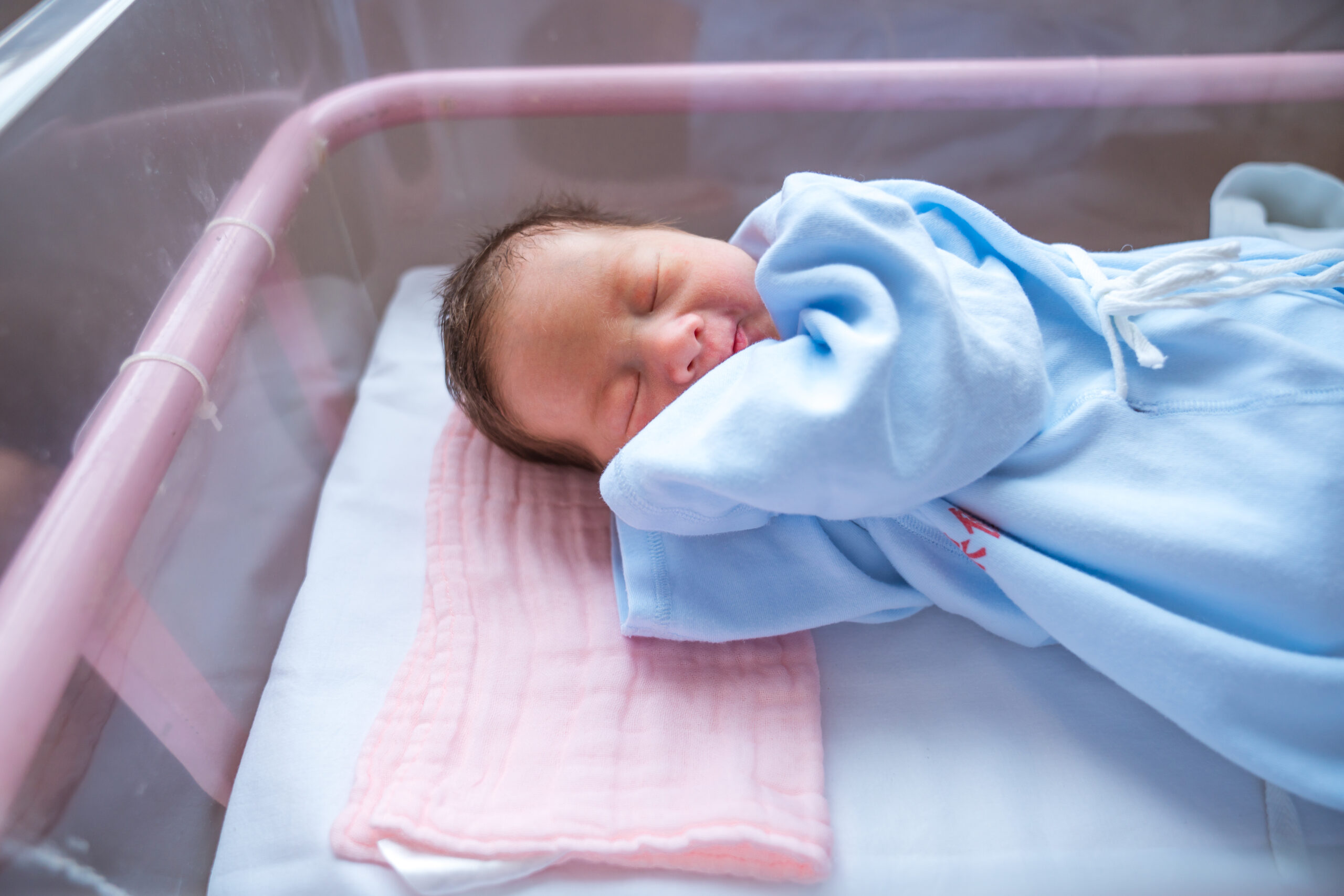 Newborn Baby Sleeping In Hospital Bassinet