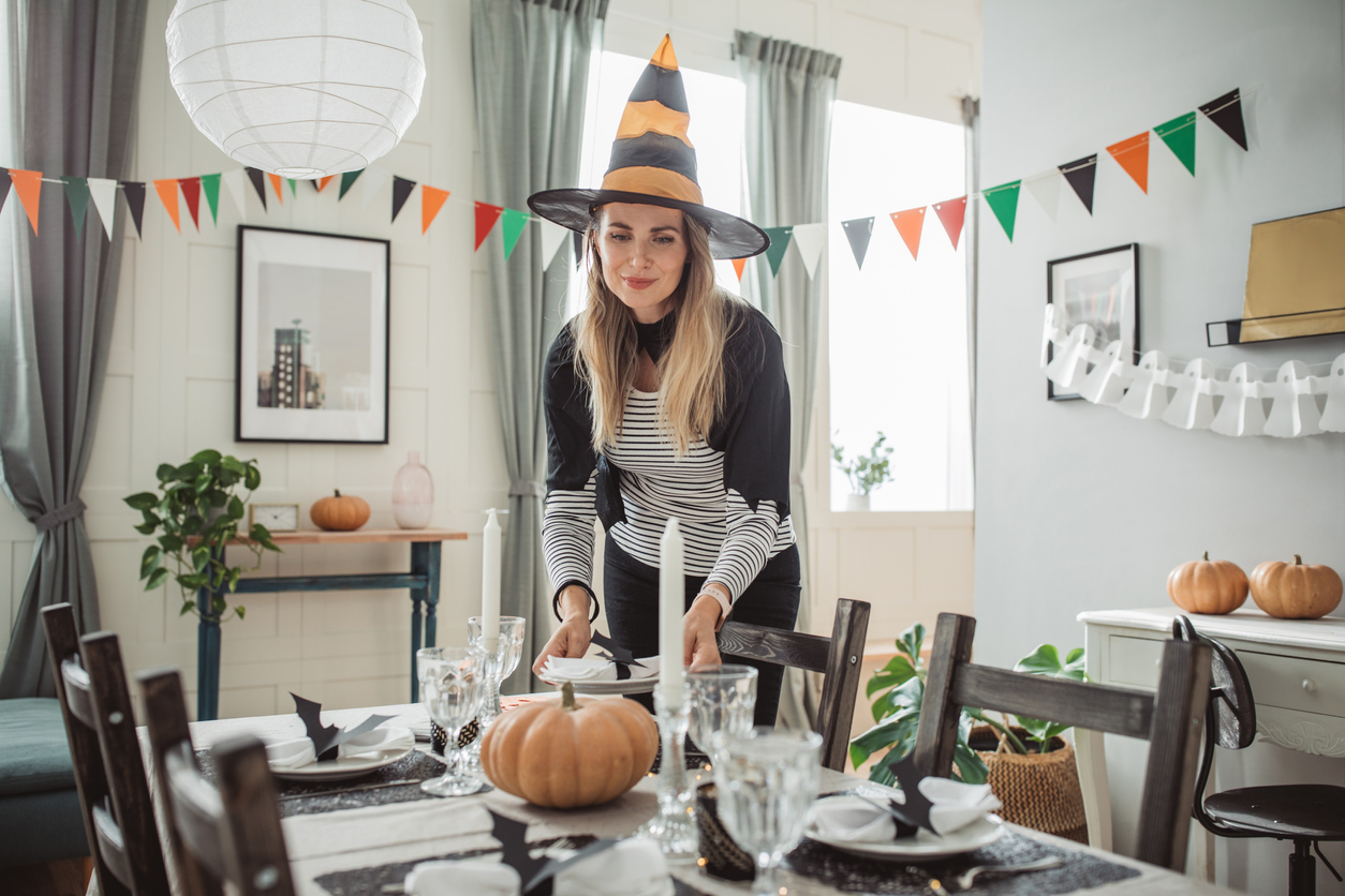Preparing table for Halloween lunch