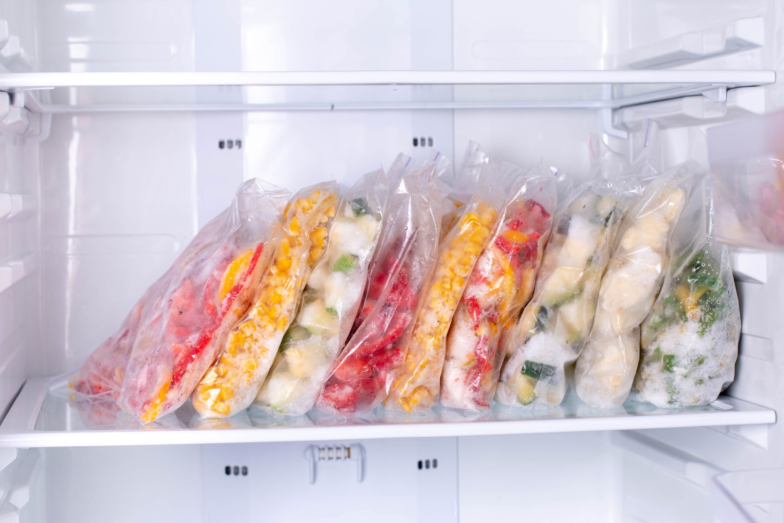 Bags with frozen vegetables in refrigerator