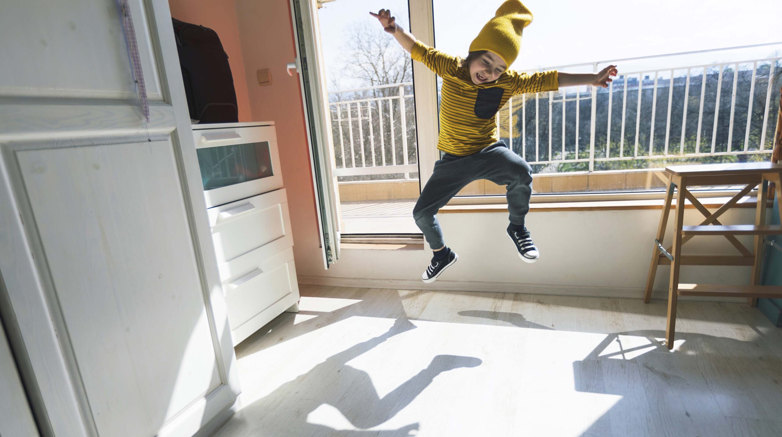 Little boy dancing break at home. Home Pleasures. E-learning