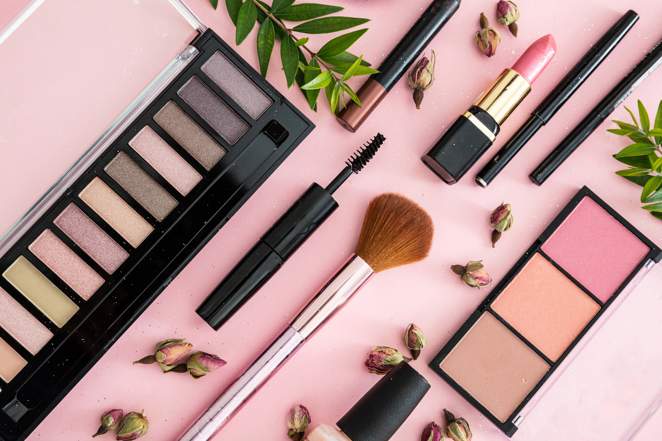 Make up cosmetics products against pink color background