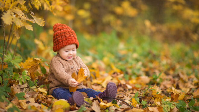 Baby playing with autumn leaves in a forest