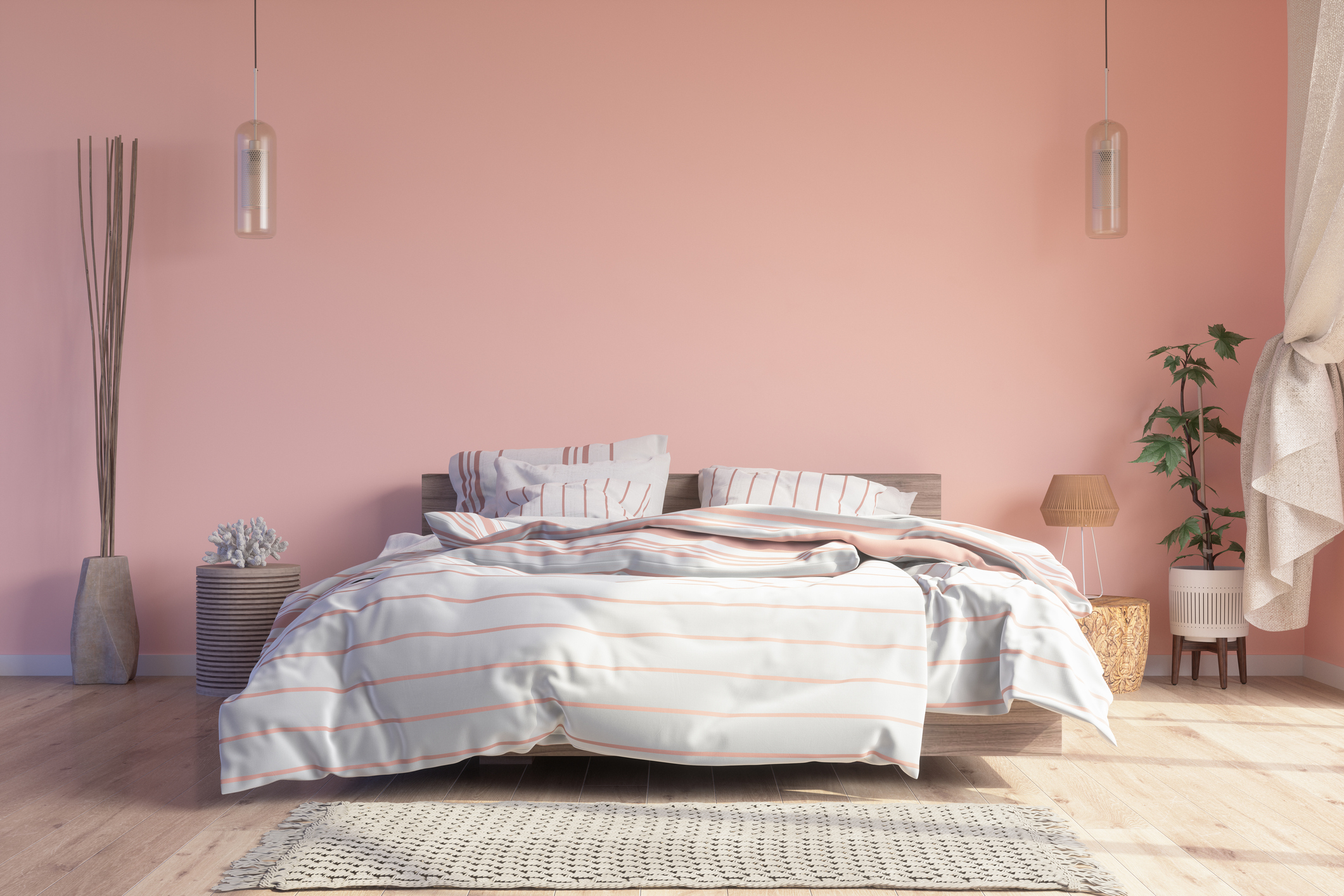 Bedroom Interior With Messy Bed, Pendant Lights, Parquet Floor And Pink Color Wall Background