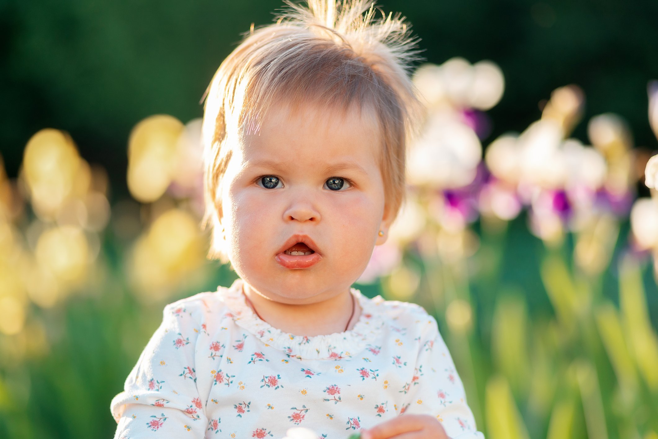 Portrait of a cute plump-cheeked Caucasian baby girl. Blurred bloomining irises on the background. Concept of happy children's day