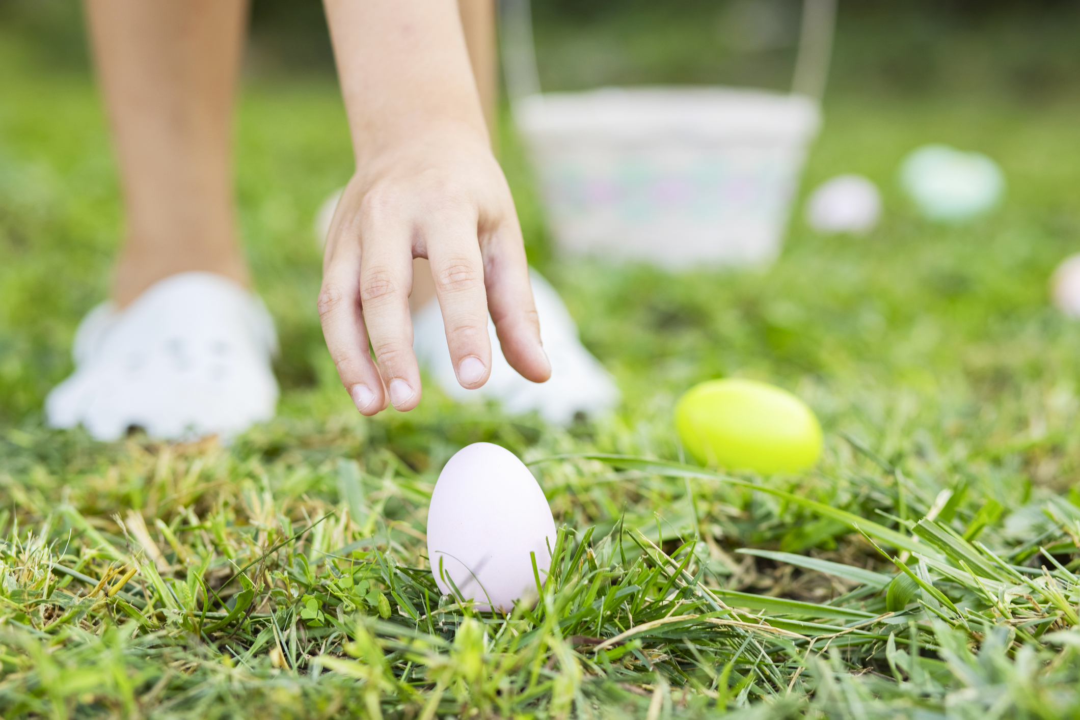 Little boy hunting for egg in spring garden on Easter day. Traditional easter festival outdoors. Easter egg hunt concept