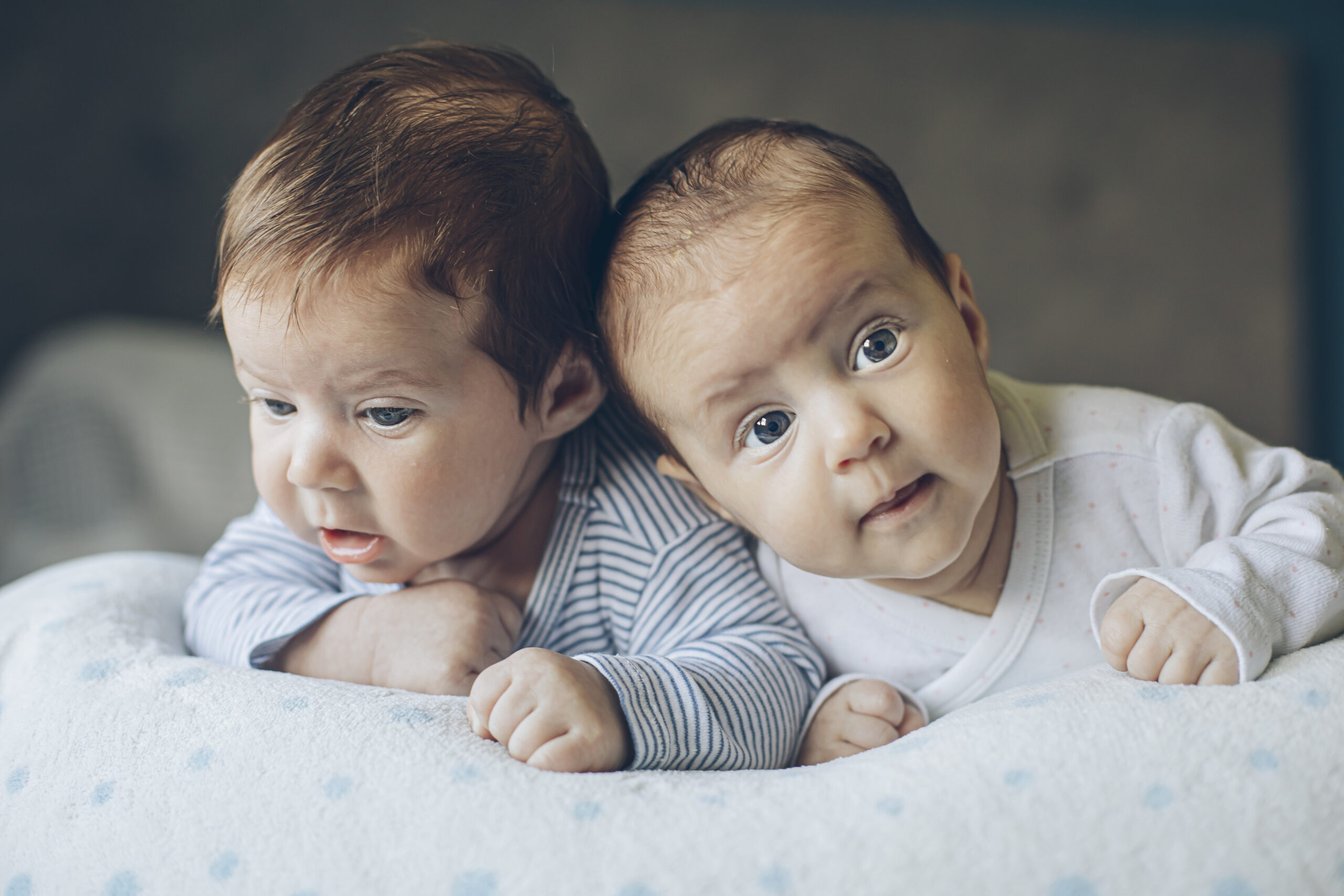 Cute Fraternal Twin Babies, Brother and Sister, lying on their tummies