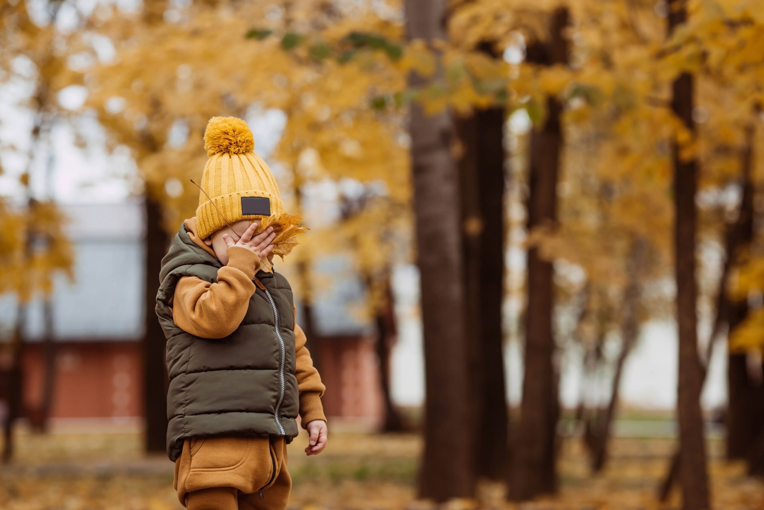 Cute little boy playing with maple leaves outdoors. A happy child walks in the autumn park. The baby is dressed in a fashionable vest and overalls. Autumn fashion.