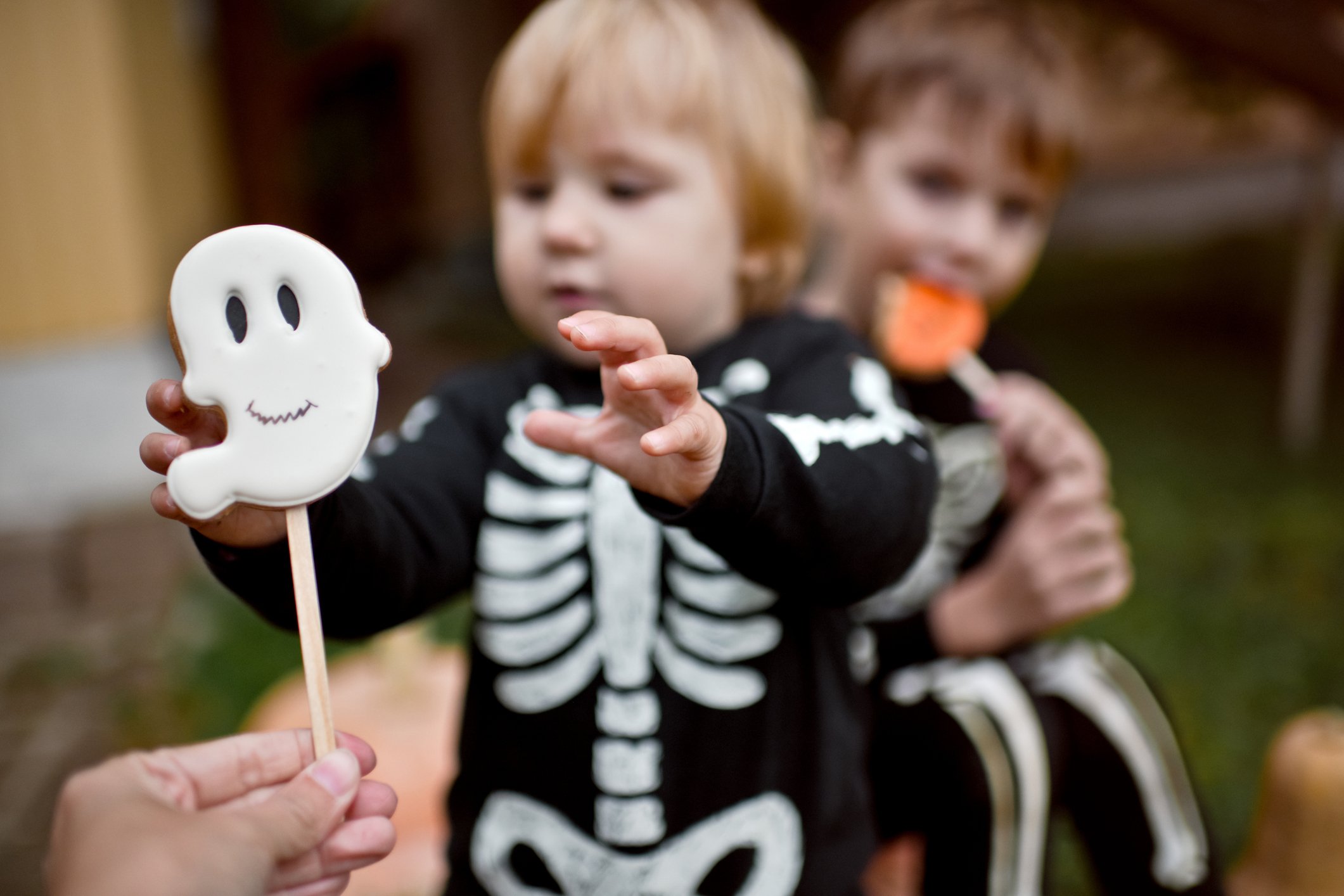 Cute baby girl and little boy dressed in skeleton costumes eat Halloween sweets