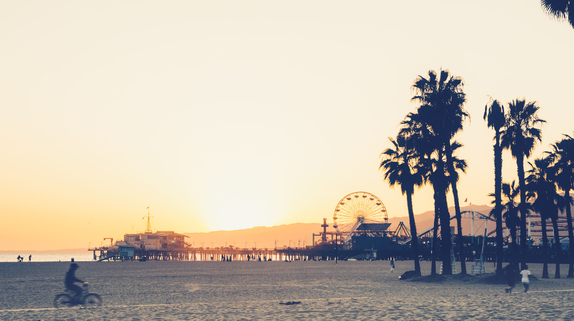 Santa Monica beach and pier at sunset