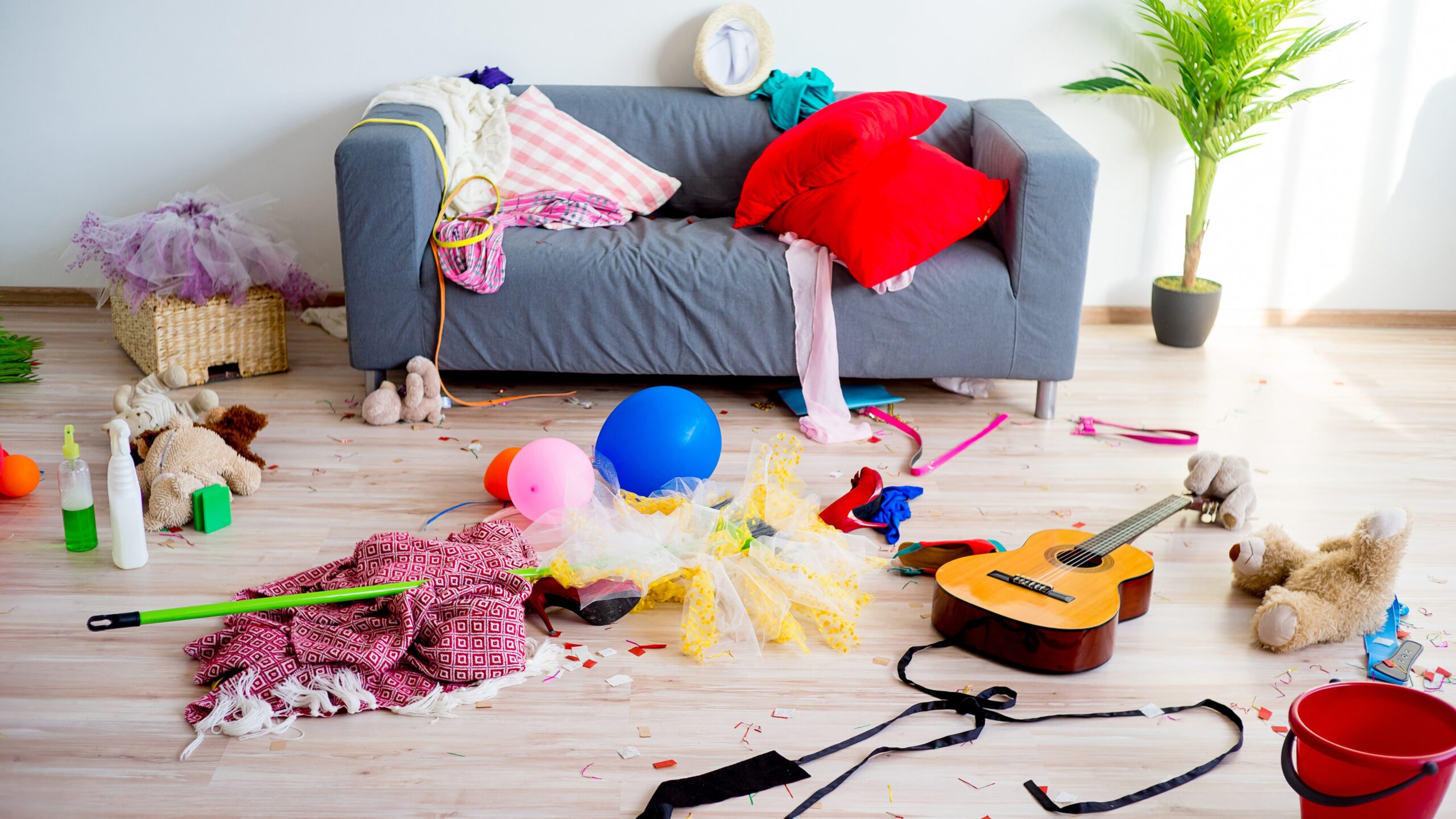 messy home with kid toys