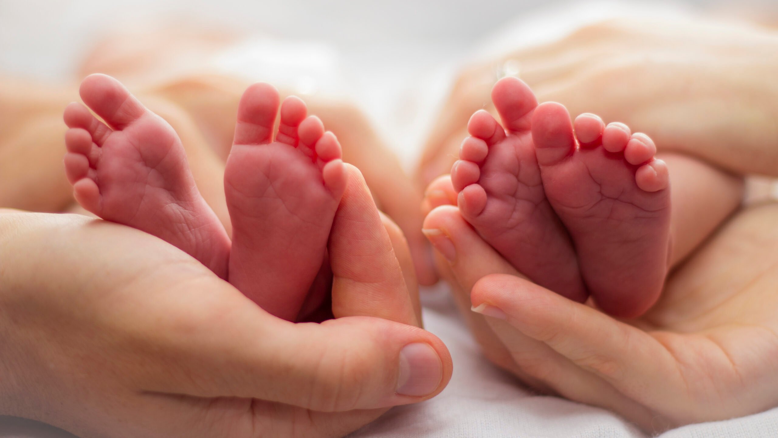Mother and father's hands cradling twin babies' feet on a pale background