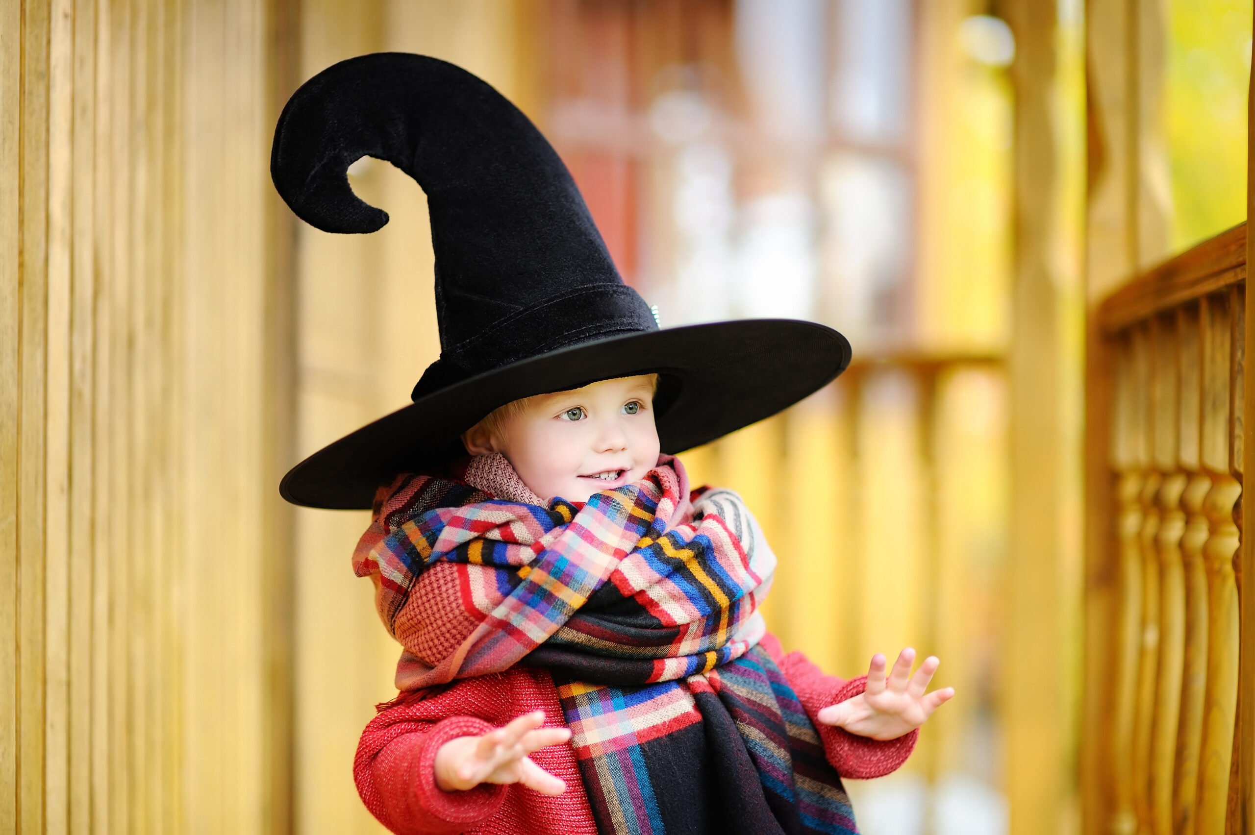 Toddler boy in pointed hat playing outdoors