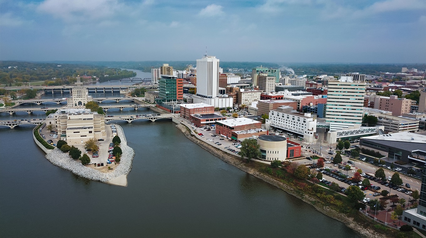 Cedar Rapids Aerial Skyline View With River