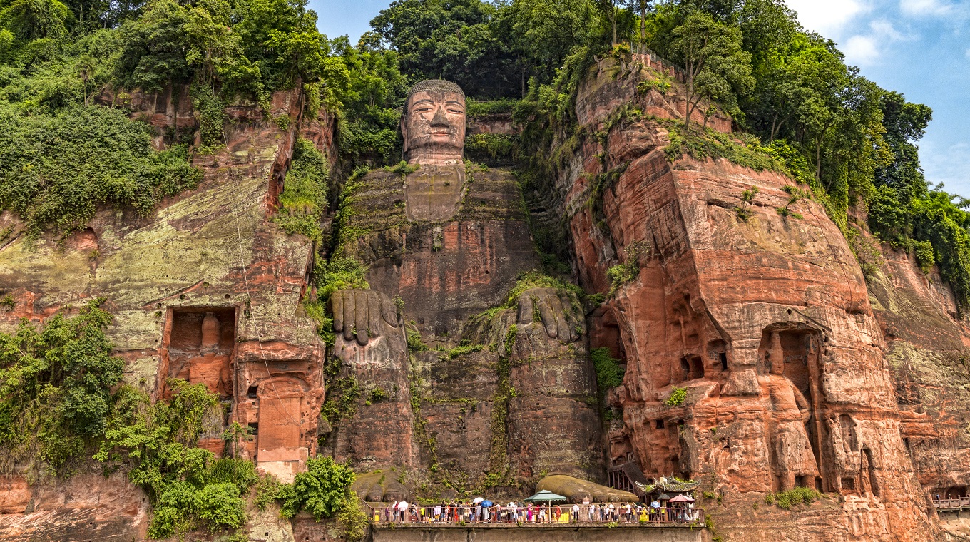 Front View of Giant Leshan Stone Buddha Carved into Cliff Face. Leshan, China, 2018.
