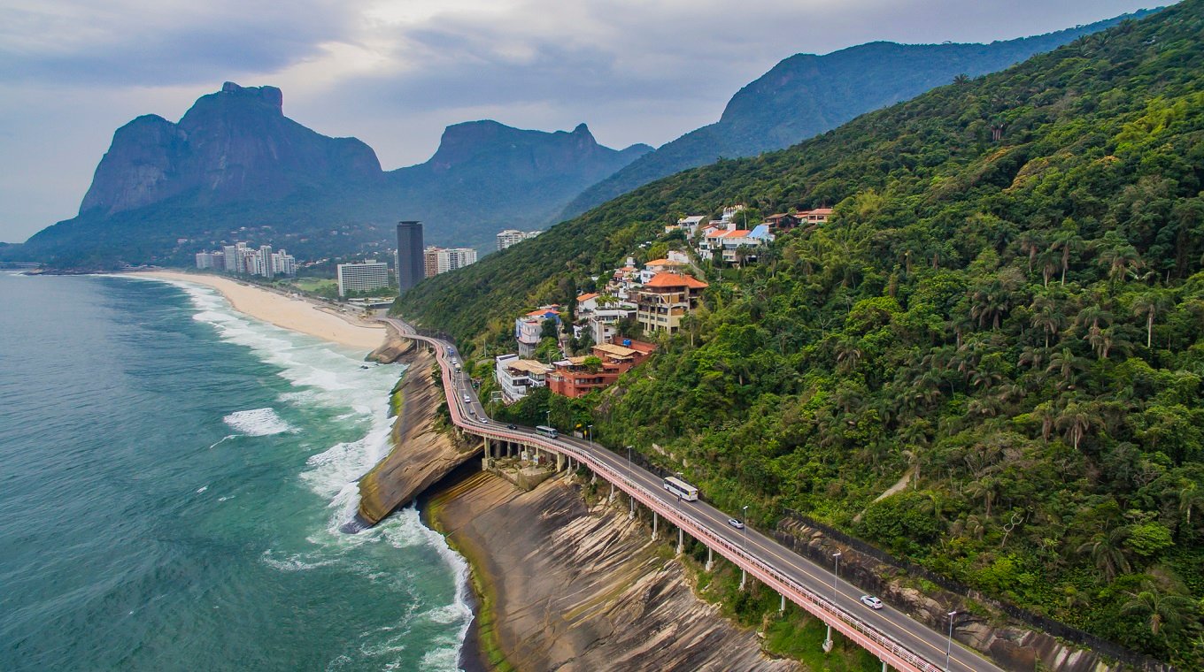 Wonderful road and bike path. Tim Maia bike path on Niemeyer Avenue, Rio de Janeiro, Brazil, South America.