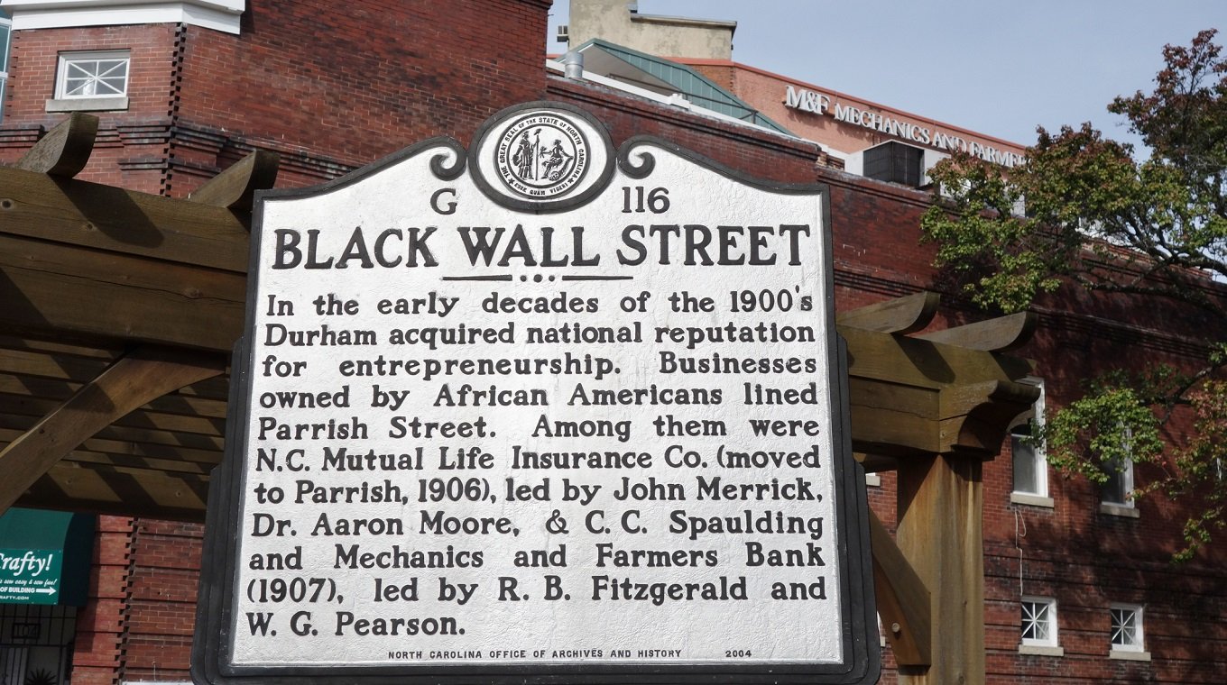 Historical marker in downtown Durham NC describing the history of African American businesses in the city