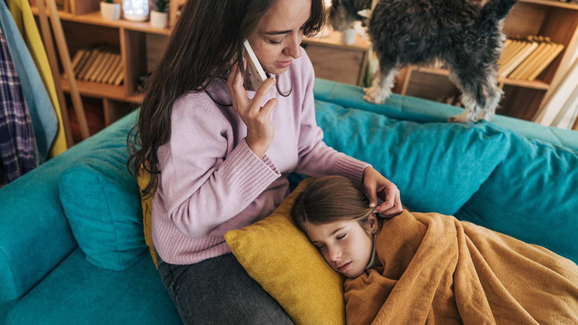 woman calling work with sick kid