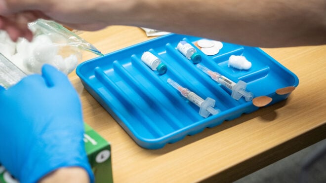 A tray of the MMR vaccine at a vaccine clinic put on by Lubbock Public Health Department on March 1, 2025, in Lubbock, Texas. Cases of Measles are on the rise in West Texas as over 150 confirmed case have been seen with one confirmed death. (Jan Sonnenmair/Getty Images/TNS)