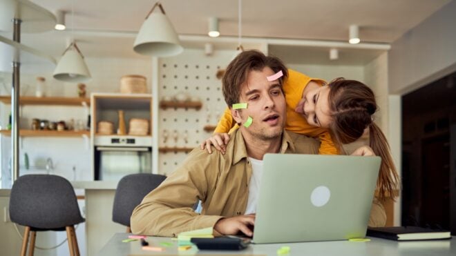 Dad is home alone with kids who are making a mess.