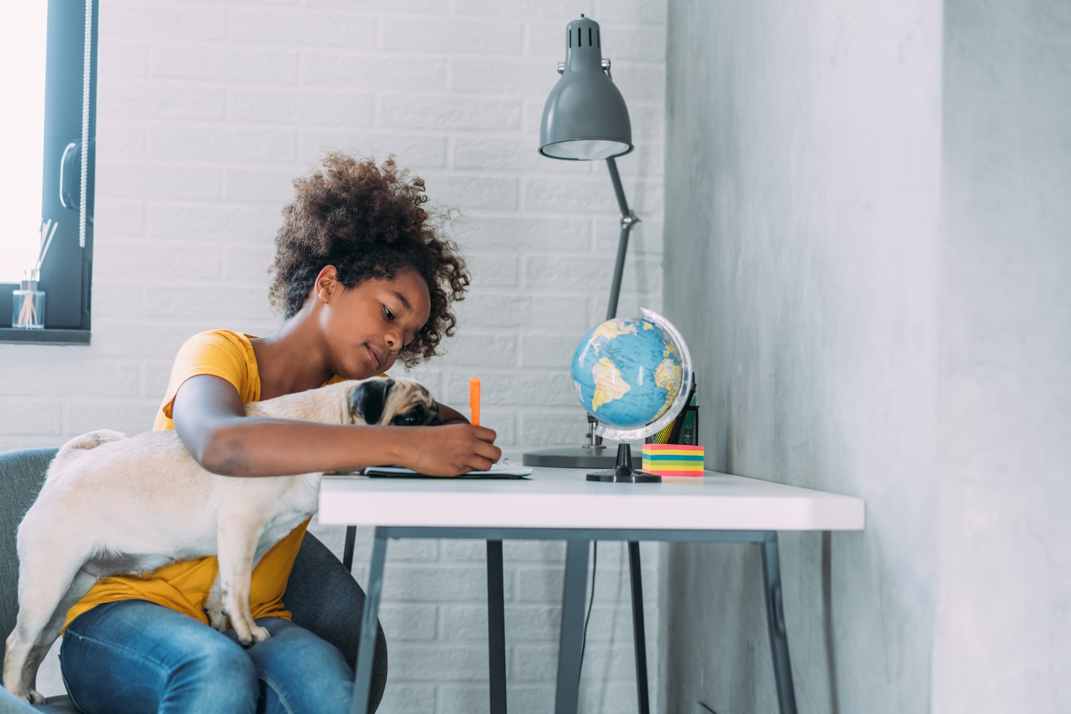 Young teenage girl is sitting at a desk with her dog and doing homework.
